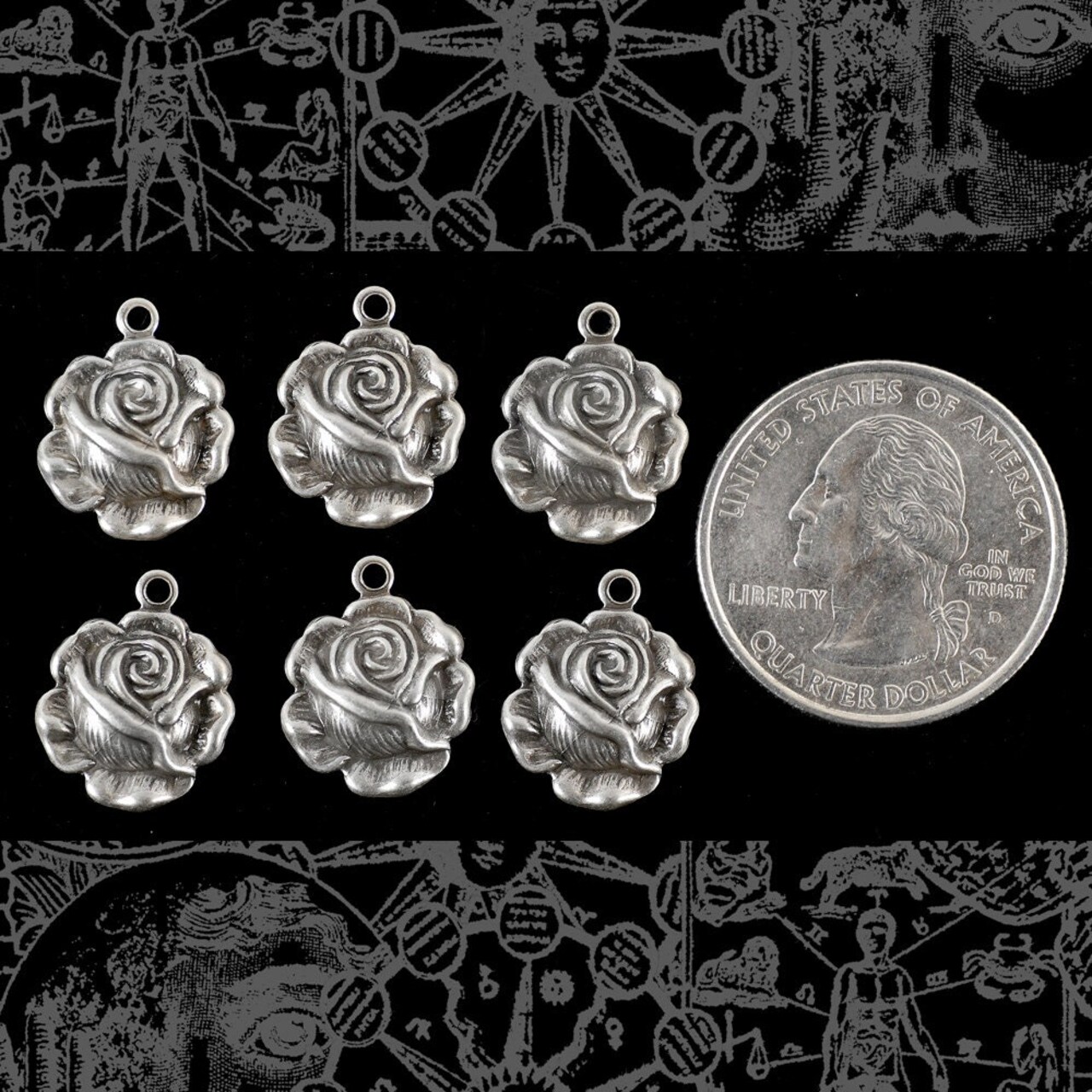 Antiqued Silver Plated Brass Blooming Rose Charms - Set of Six - S-C113